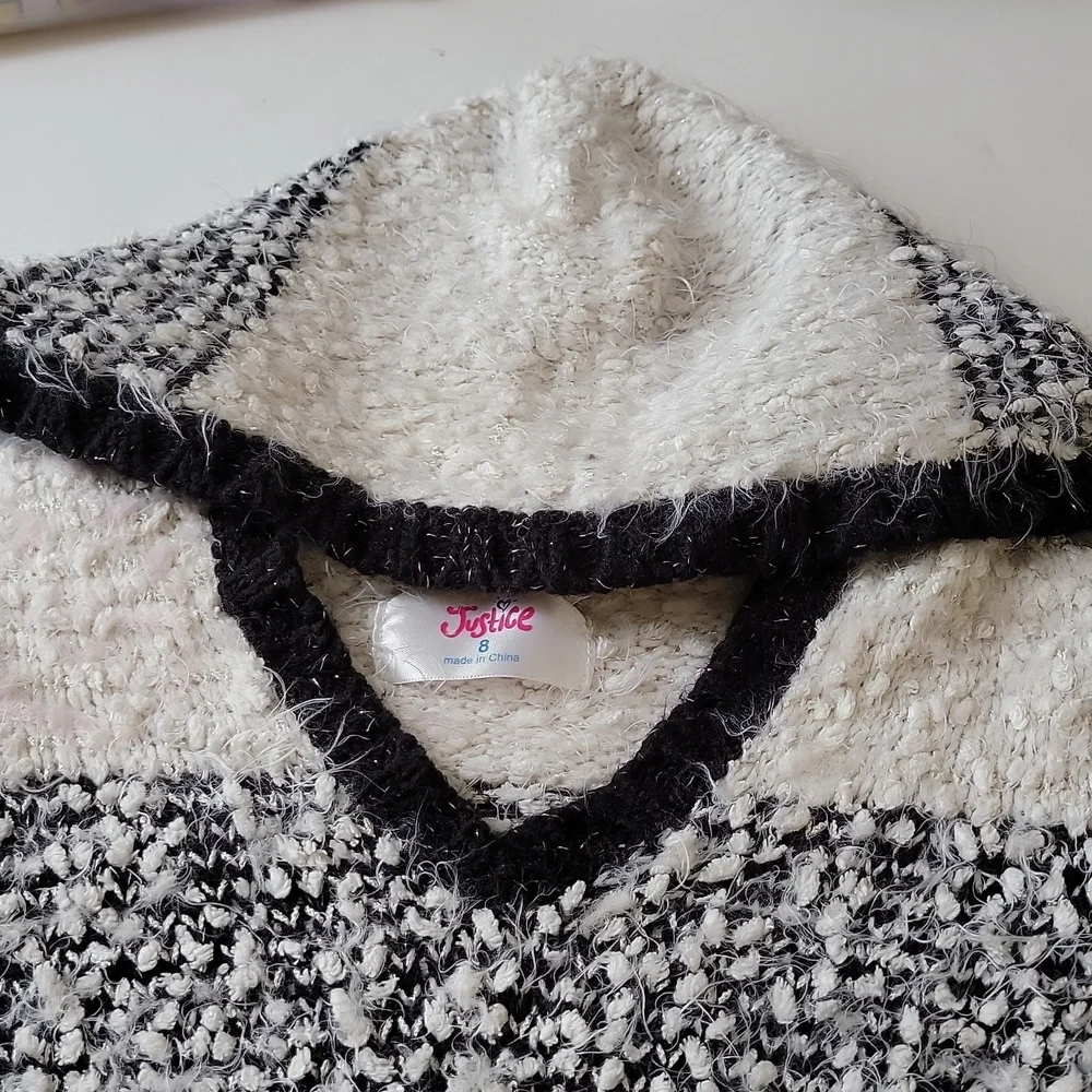 Justice Girls Hooded Sweater Black White Stripes V Neck Size 8